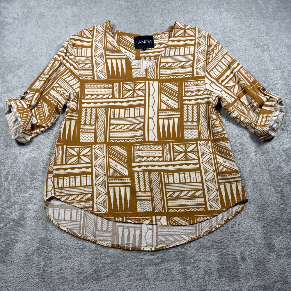 Tanoa Tunic Top Womens Small Brown Tribal Geometric Rayon Roll Tab Sleeve